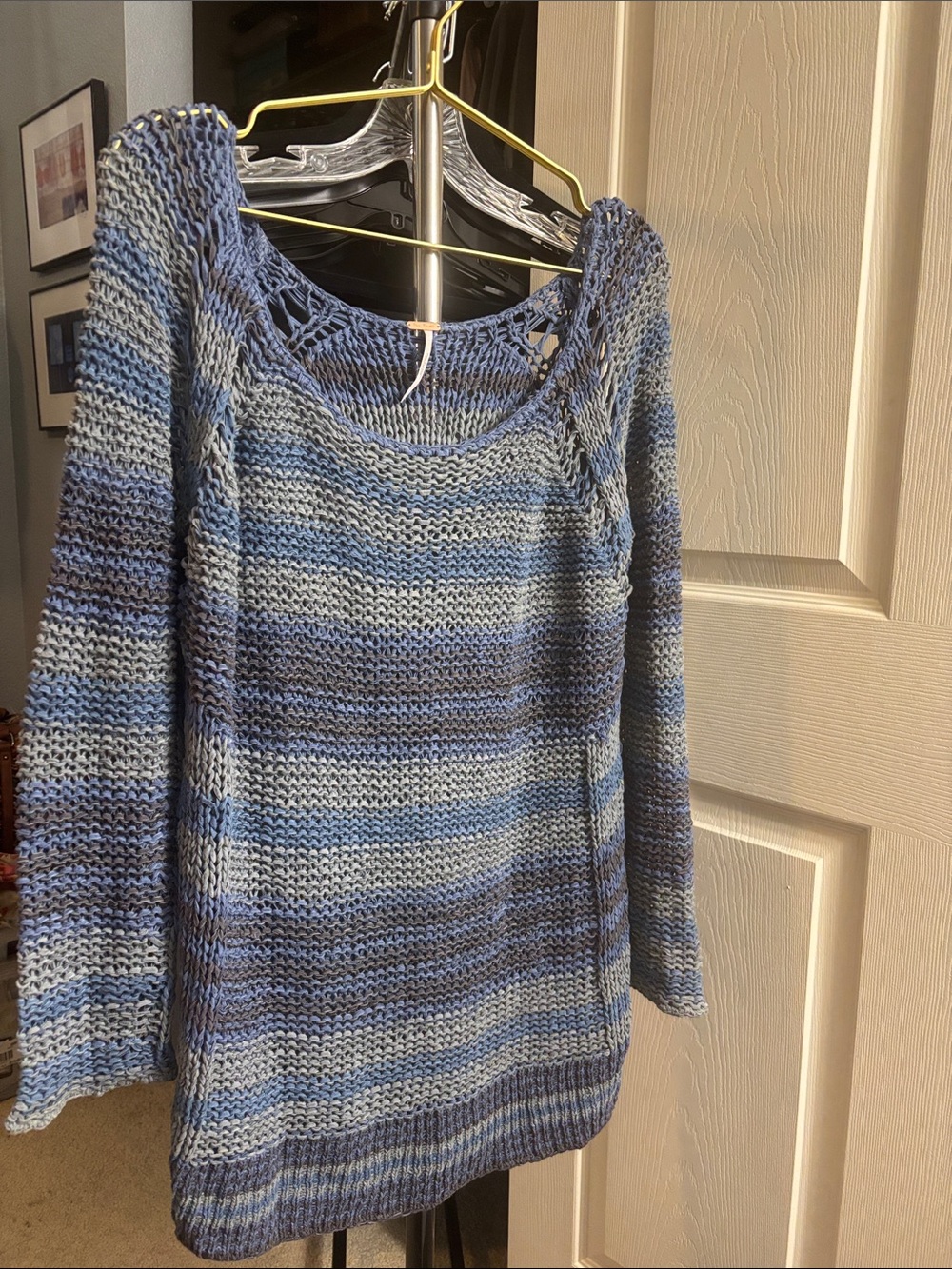🦋Free People🦋 Blue Striped boatneck striped Crocheted Sweater cotton blend lace